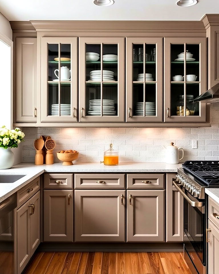 taupe cabinets with glass front doors