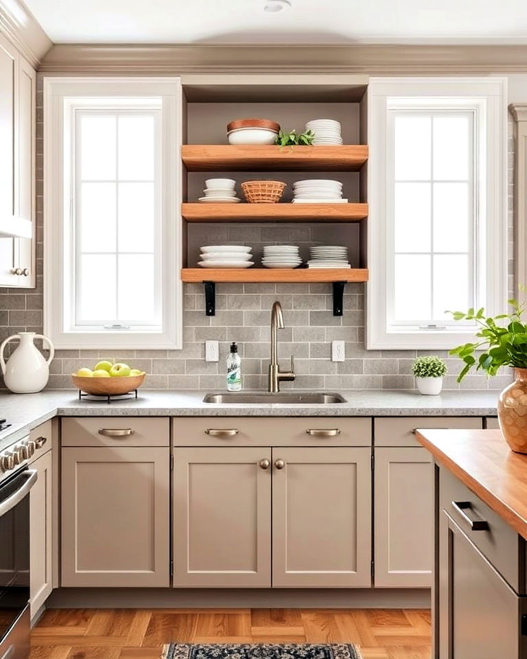 taupe cabinets with open shelving