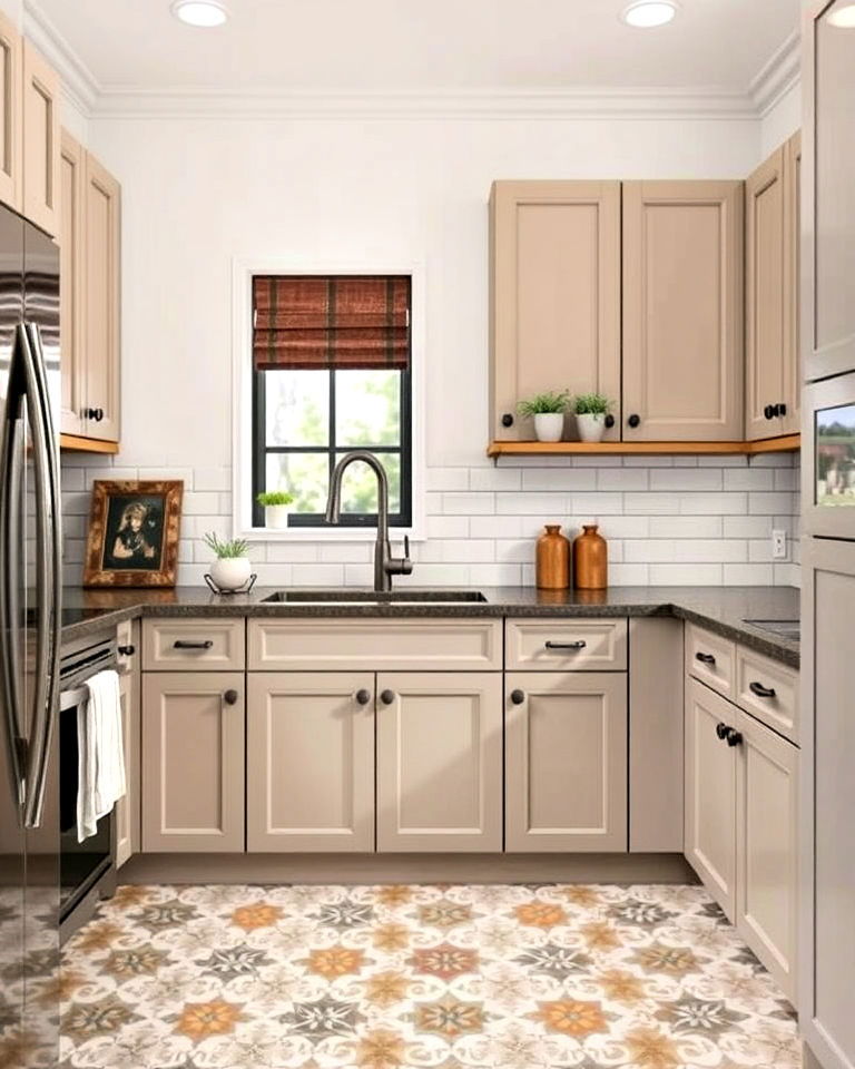 taupe cabinets with patterned floor tiles