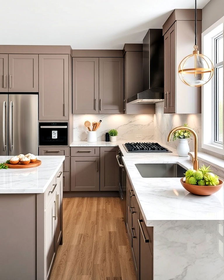 taupe cabinets with quartz countertops