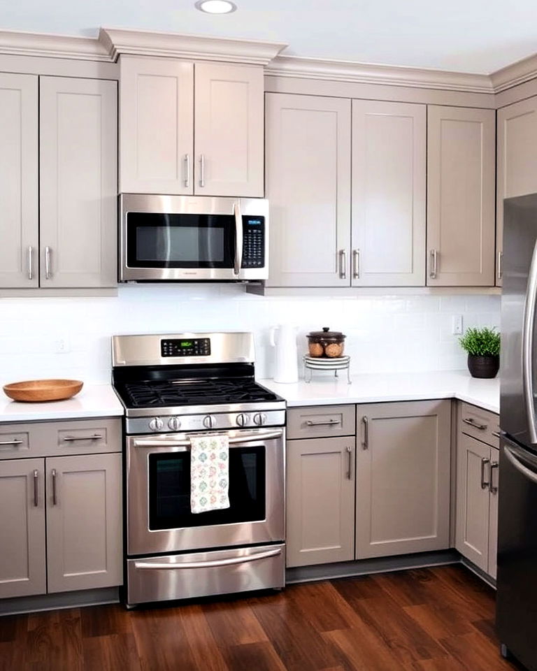 taupe cabinets with stainless steel appliances