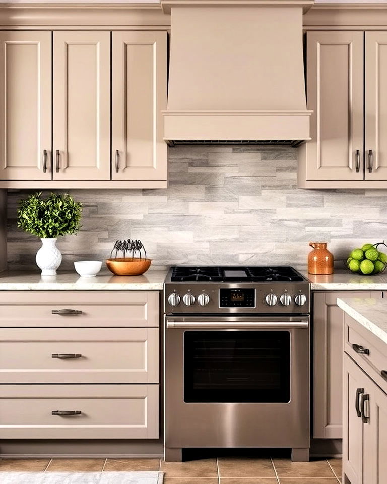 taupe cabinets with stone backsplash