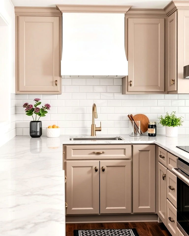 taupe cabinets with subway tile backsplash