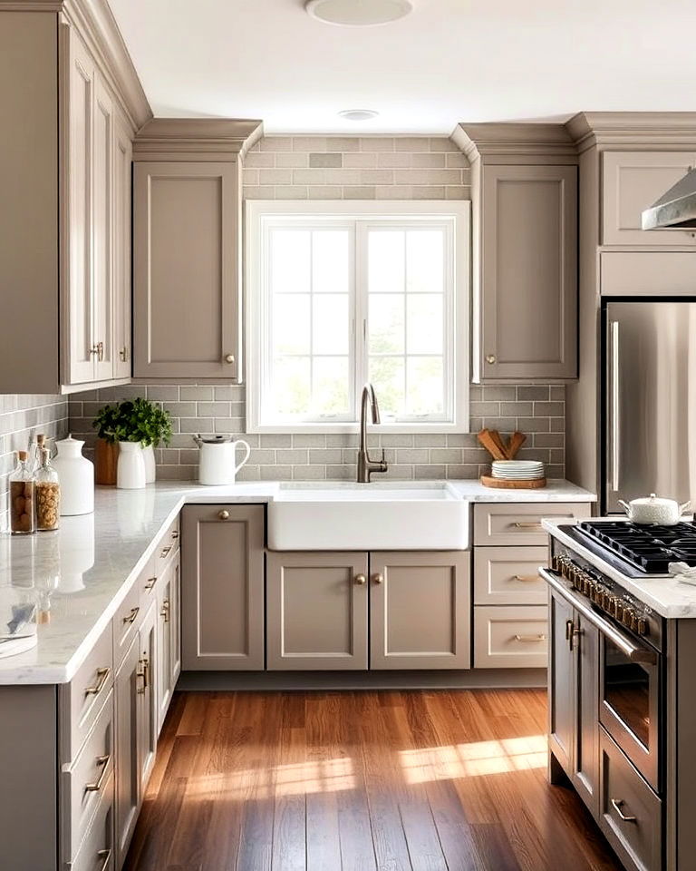 taupe cabinets with white countertops