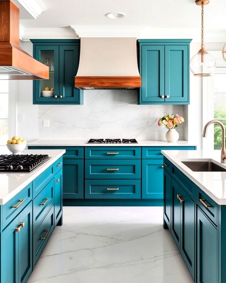 teal accent kitchen cabinets with white marble countertops