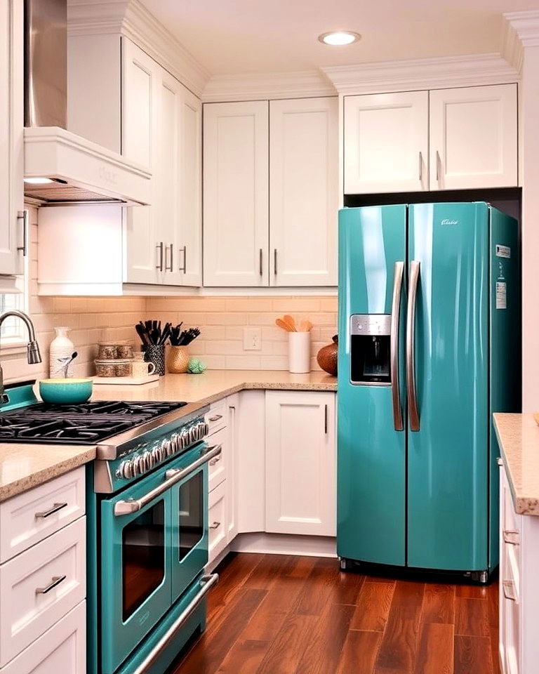 teal appliances with white kitchen cabinetry