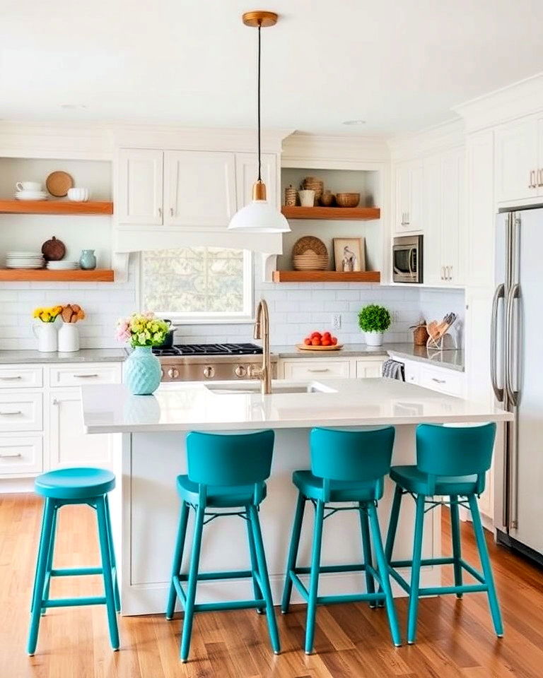 teal barstools with a classic white kitchen island