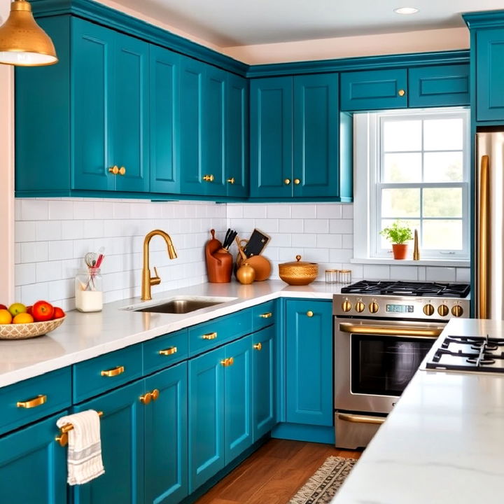 teal cabinets with textured gold hardware