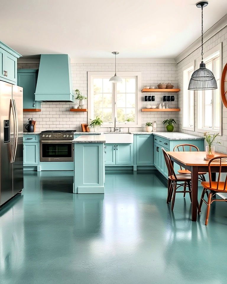 teal colored concrete kitchen floor for a pop of color