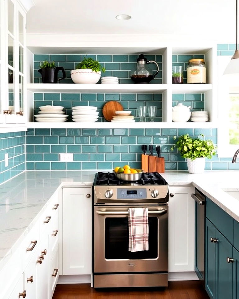 teal kitchen backsplash with white open shelves