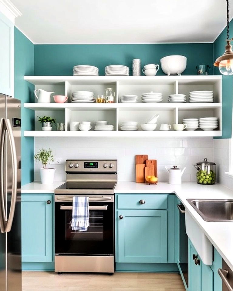 teal kitchen walls with white open shelving