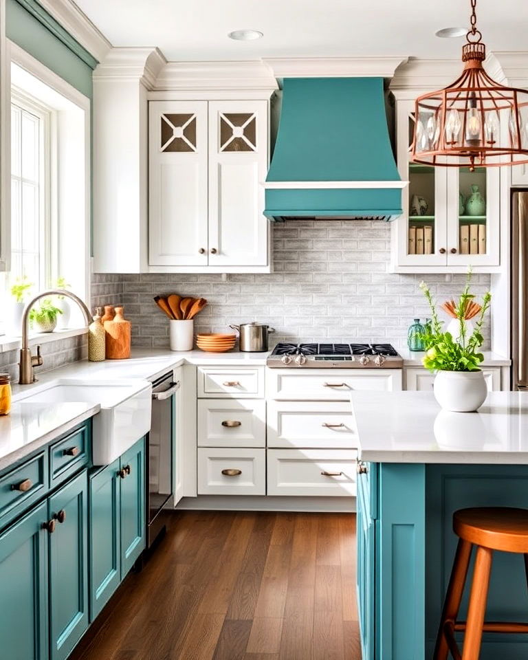 teal range hood and white cabinets for transitional kitchens