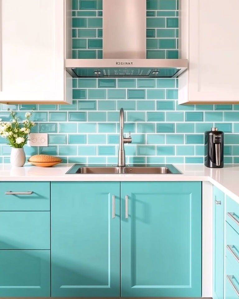 teal subway tile backsplash and white kitchen cabinets