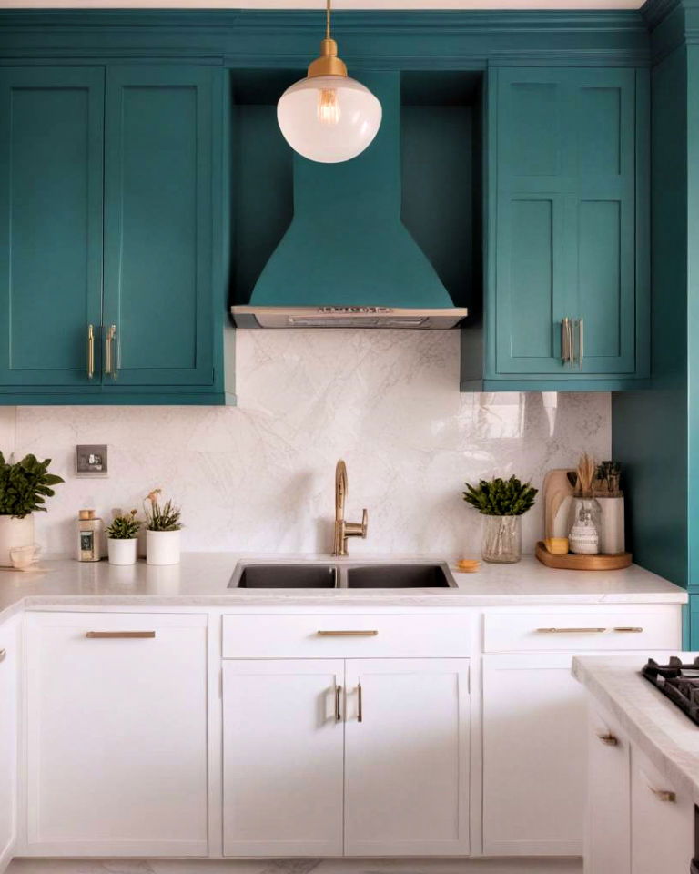 teal upper kitchen cabinets with white lower cabinets