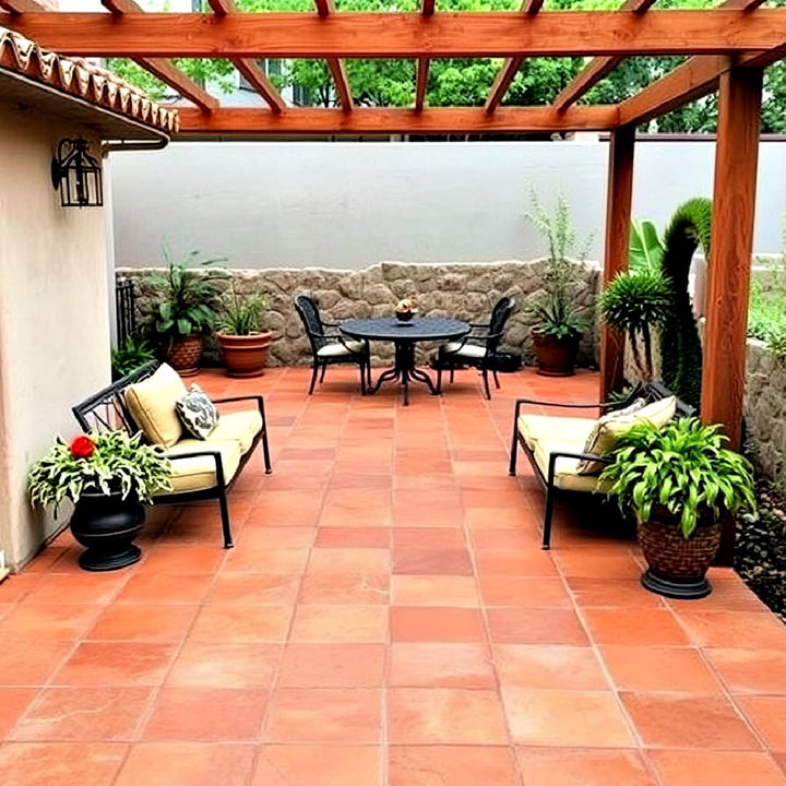 terracotta style stamped concrete patio for a mediterranean vibe