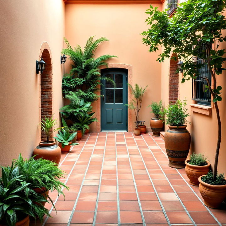 terracotta tile flooring to bring warmth to a spanish courtyard