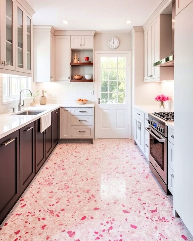 terrazzo floor with pink details for kitchen