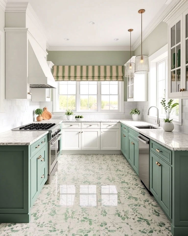 terrazzo kitchen floor with green accents