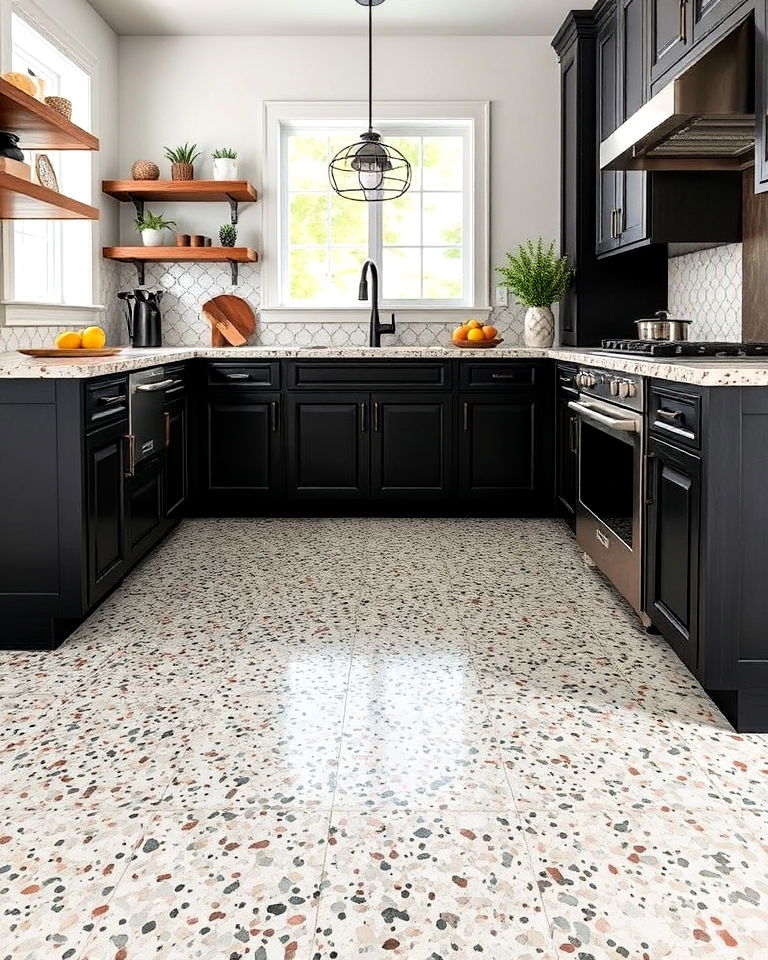 terrazzo style chic stained concrete kitchen floor