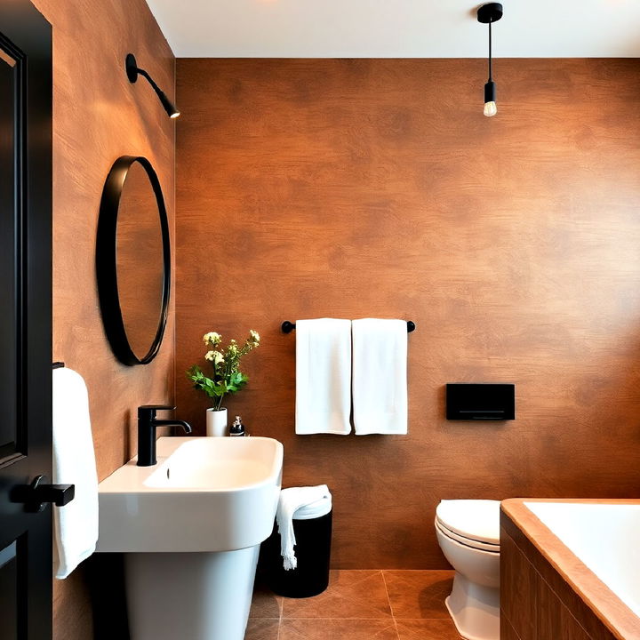 textured brown walls accented by sleek black hardware for bathroom