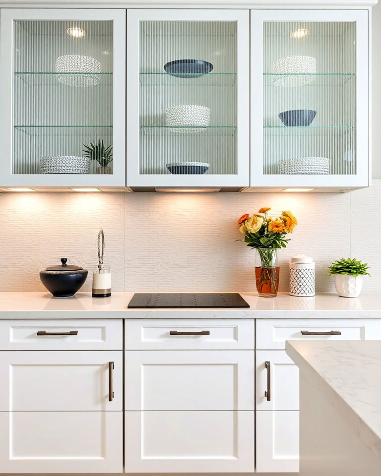 textured glass cabinets to add depth