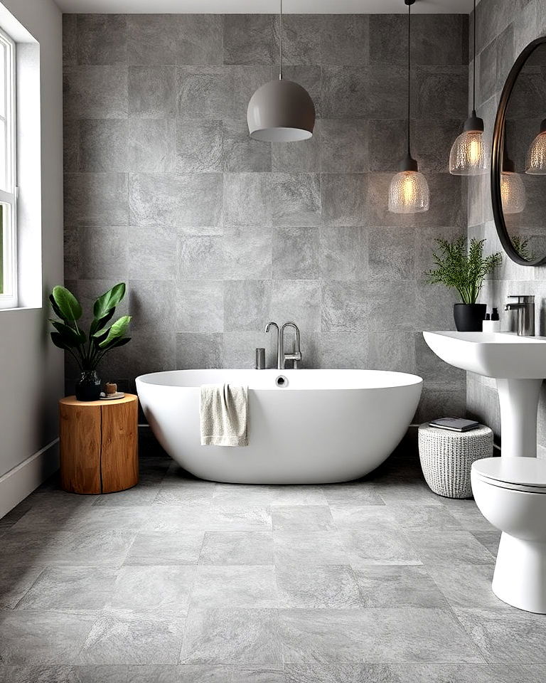 textured gray stone floor for a natural feel bathroom