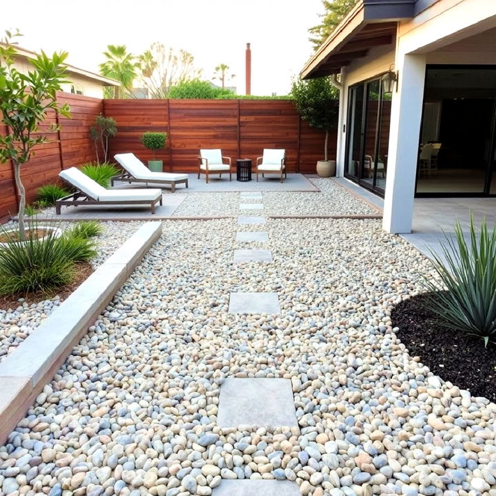 textured pebble walkway for mid century modern patio