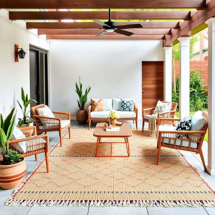 textured woven rug for mid century modern patio