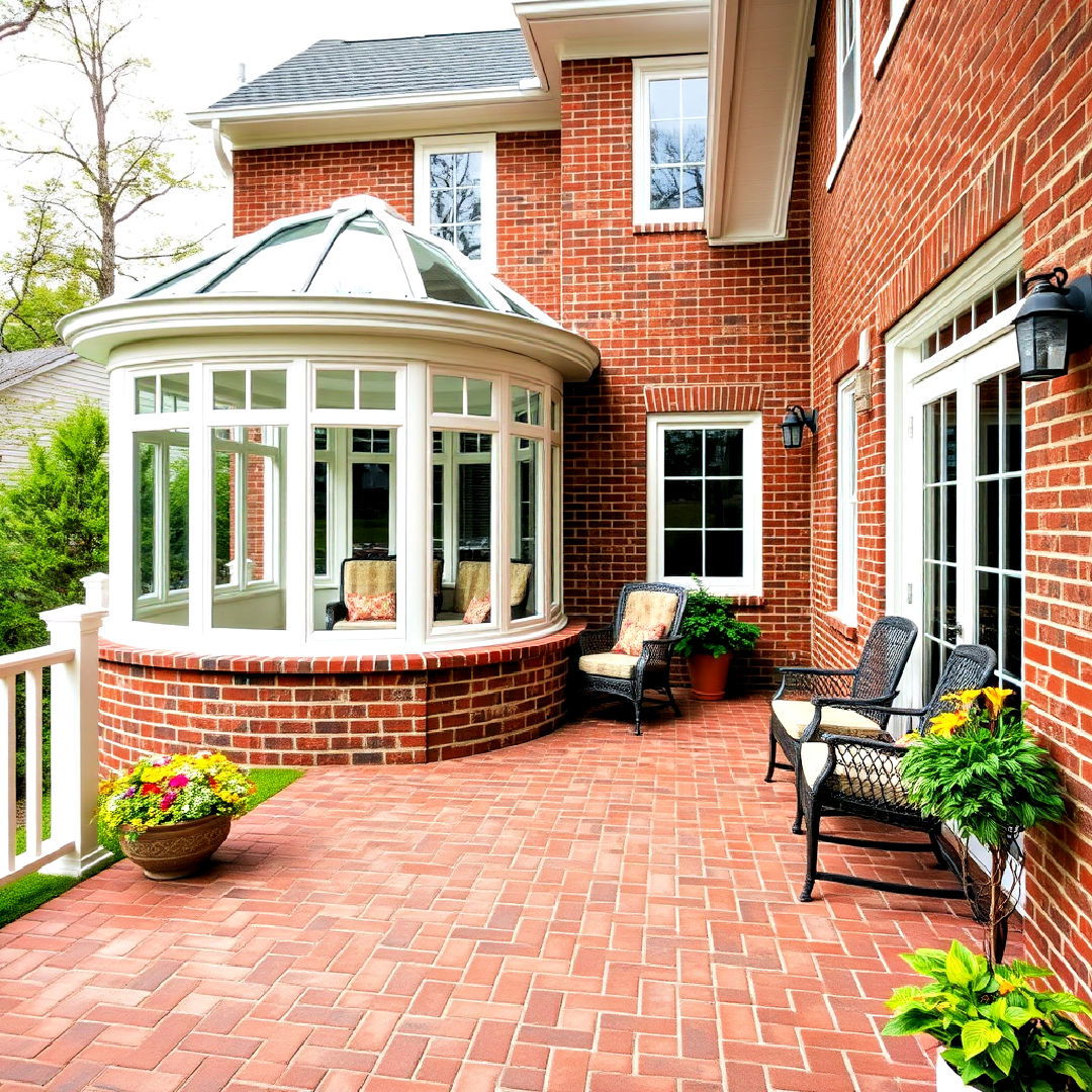 timeless traditional sunroom with brick deck