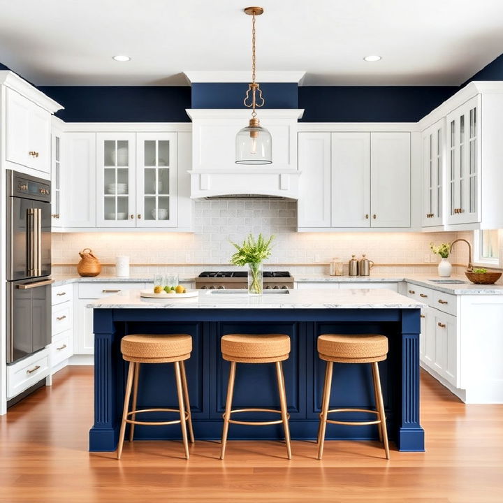 timeless white cabinets with bold navy island