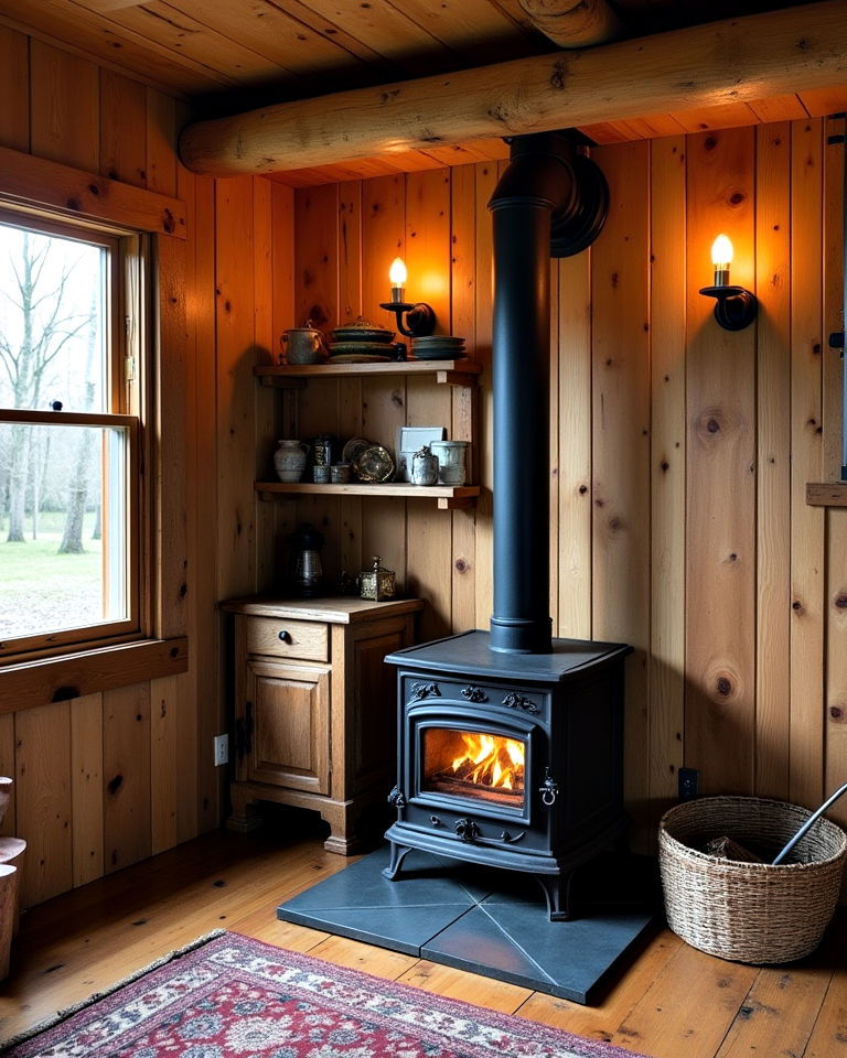 tiny rustic house wood burning stove