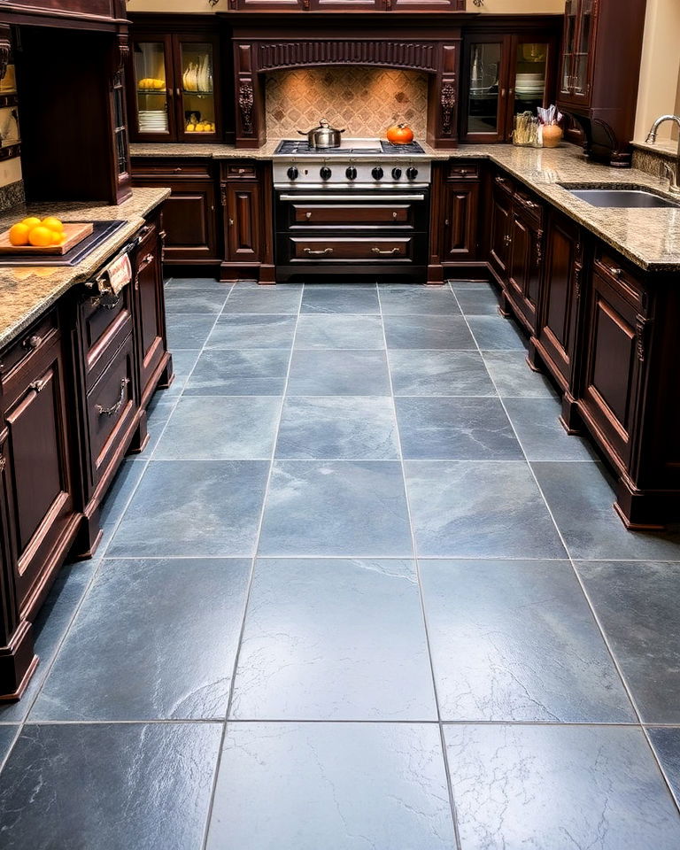 traditional luxury kitchen with polished slate tiles floor