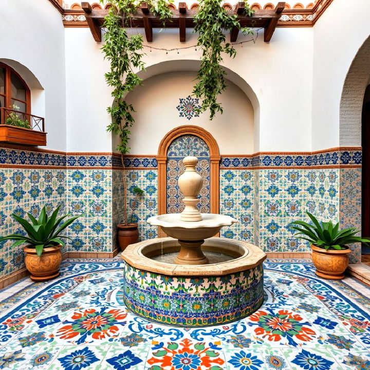 traditional spanish mosaic tiled courtyard design