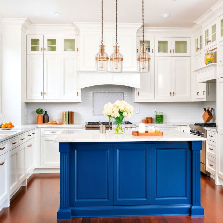 traditional white cabinets with a classic blue island