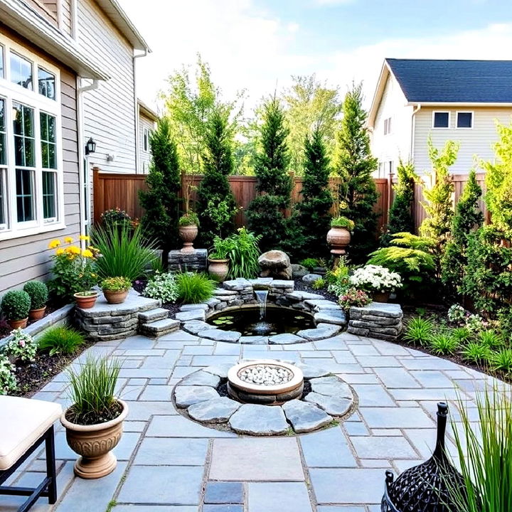 transform a bluestone patio with a small and tranquil pond