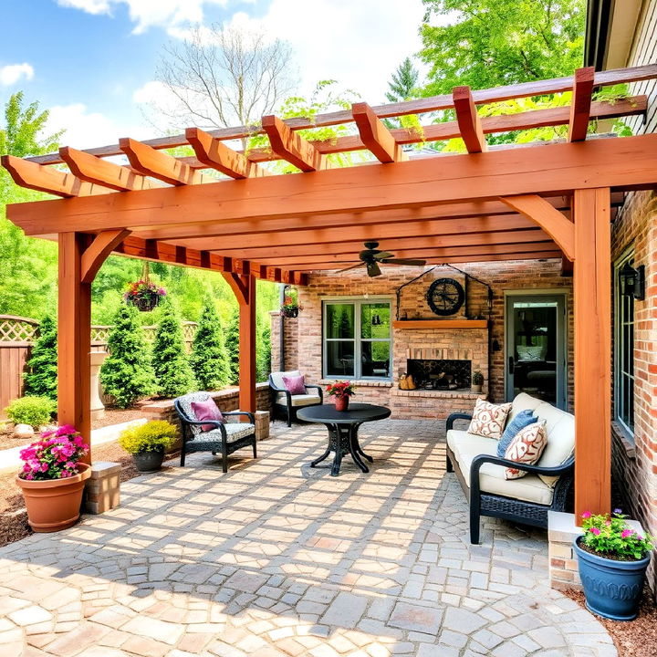 transform your patio with a shaded cobblestone and pergola setup