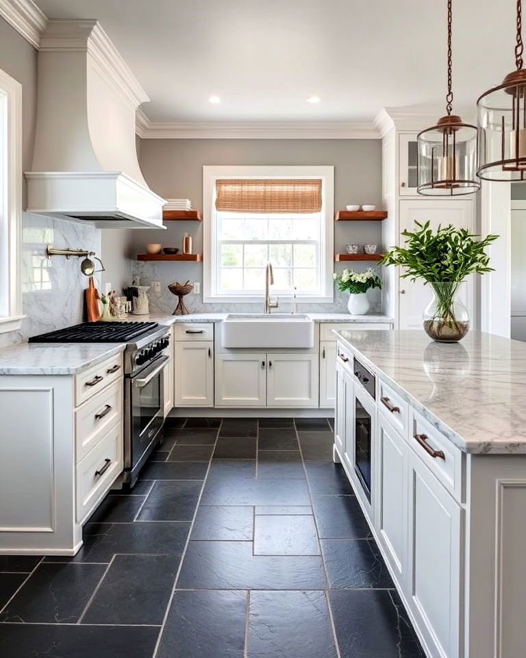 transitional style kitchen with slate floor and marble countertop