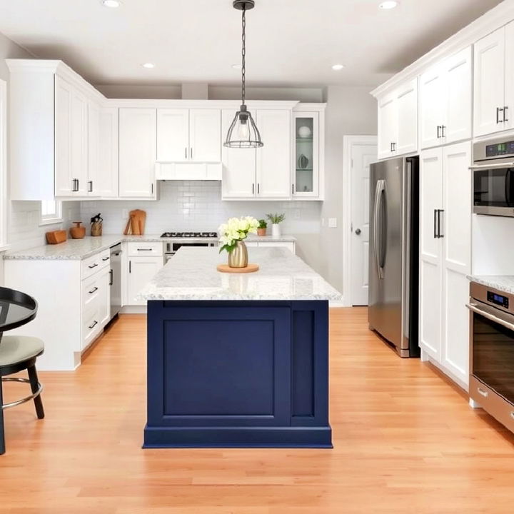 transitional style white cabinets with bold navy island