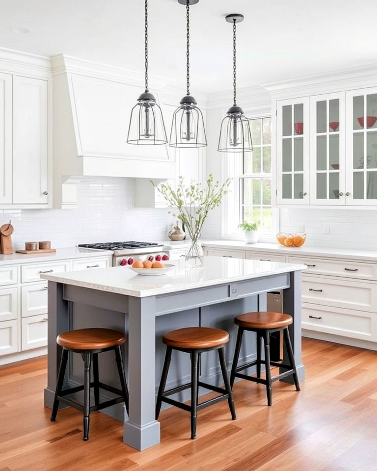 transitional white cabinets with medium grey island