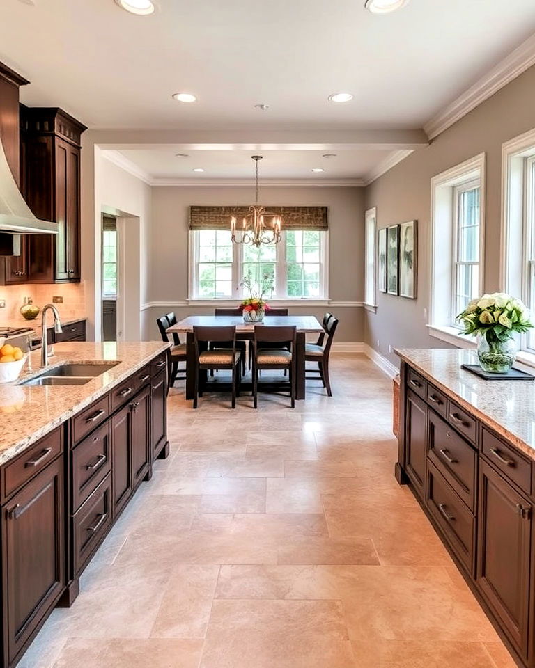 travertine floor in an open concept kitchen