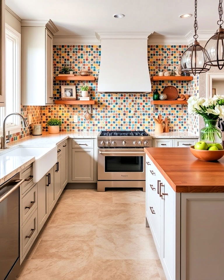 travertine floor paired with bold backsplash