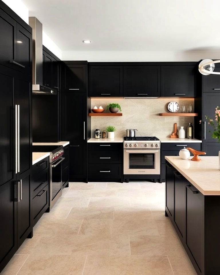 travertine floor paired with dark kitchen cabinetry