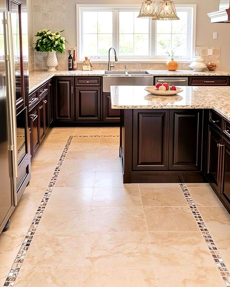 travertine mosaic insets into the kitchen floor