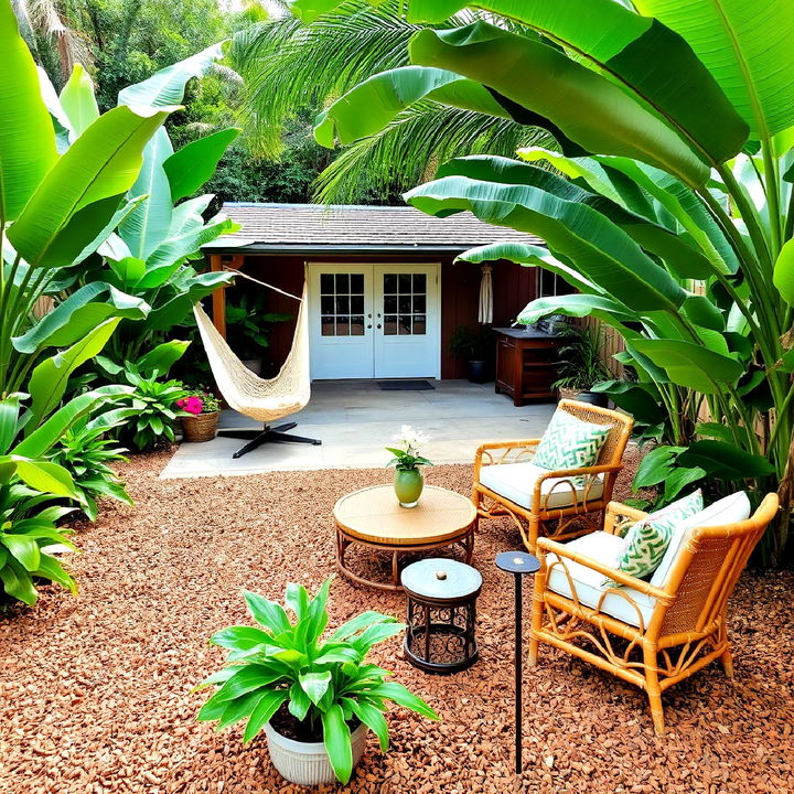 tropical escape with mulch patio