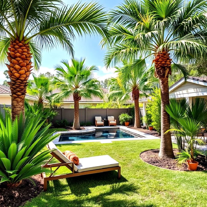 tropical oasis backyard with palm trees