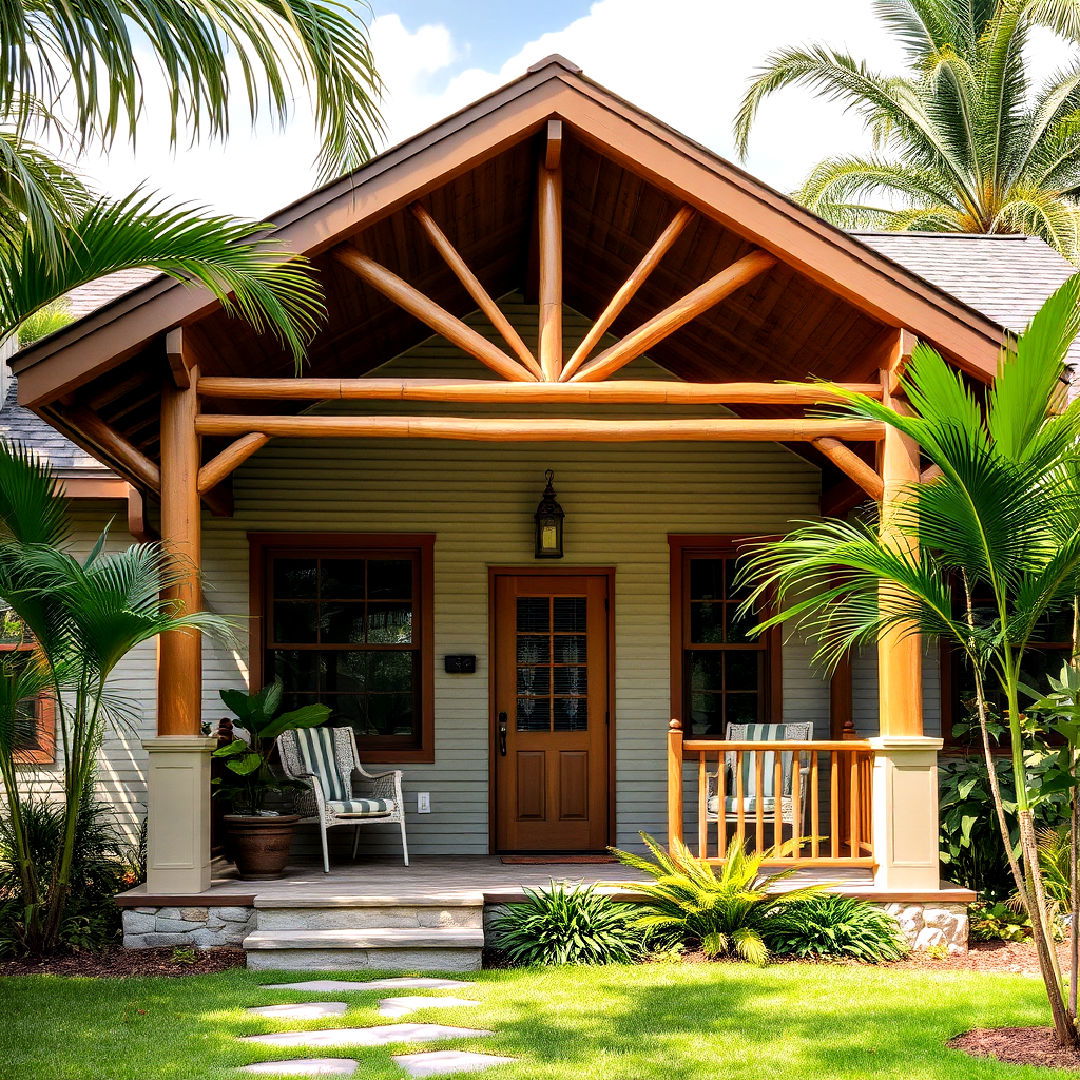 tropical open gable porch with natural bamboo accents