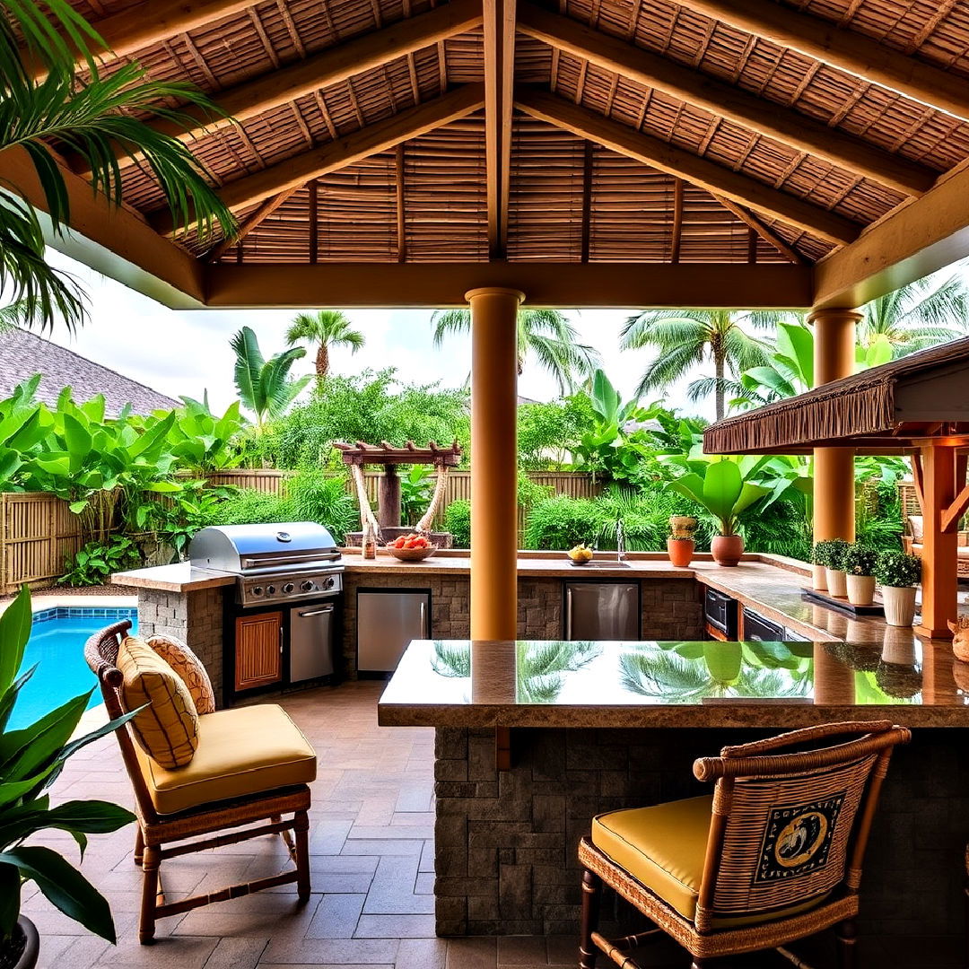 tropical pool house with outdoor kitchen and bar