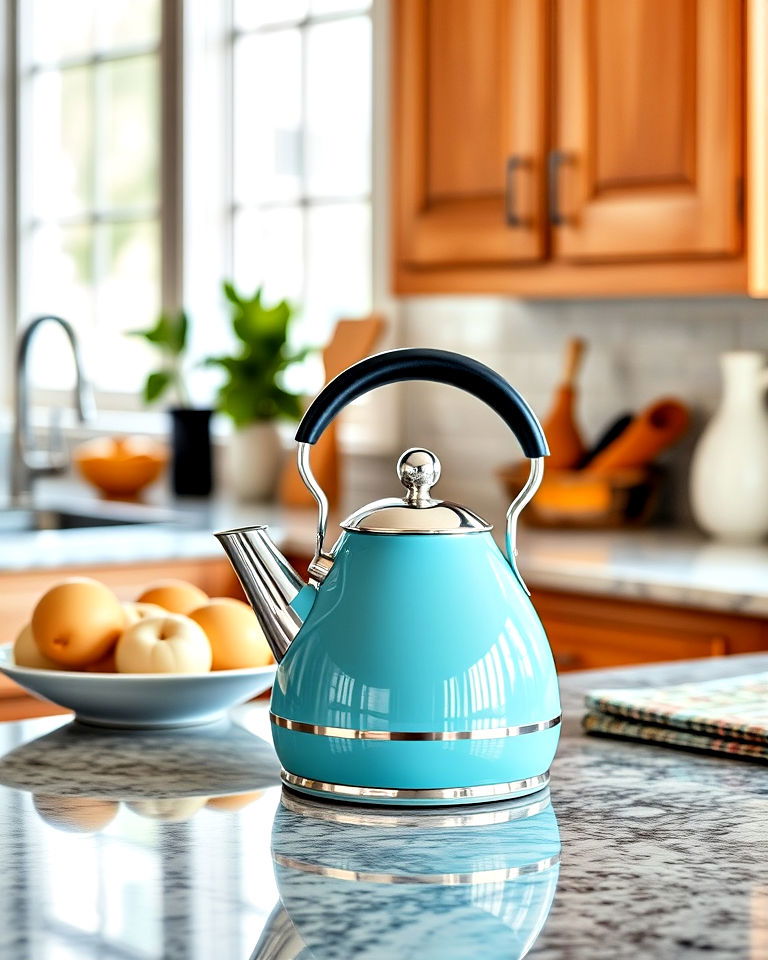 turquoise kettle pop of color in a neutral kitchen