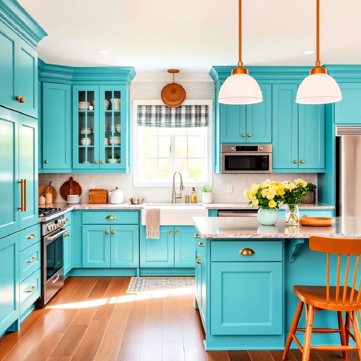 turquoise kitchen cabinets with classic gold cup pulls