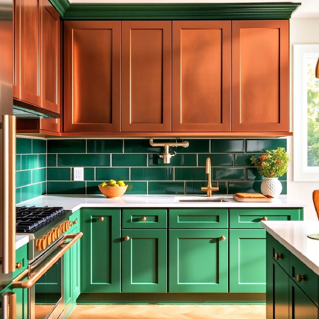 two tone cabinets green and copper combined